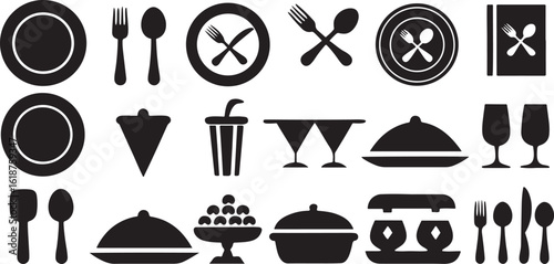 Isolated black dining and meal icons, plate, tableware, kitchen service, food menu, breakfast, lunch, snack, drink, cloche, tray, utensils for restaurant, hospitality and catering promotion
