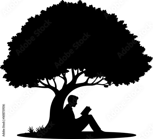 a person sitting under a large tree reading a book