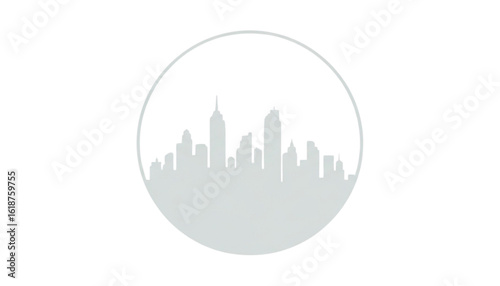 A light gray silhouette of a city skyline enclosed within a circle.