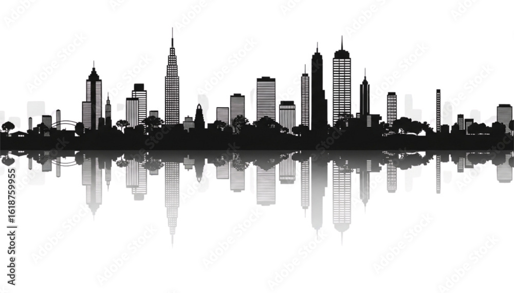 Obraz premium Silhouette of a modern city skyline with reflections against a white background.