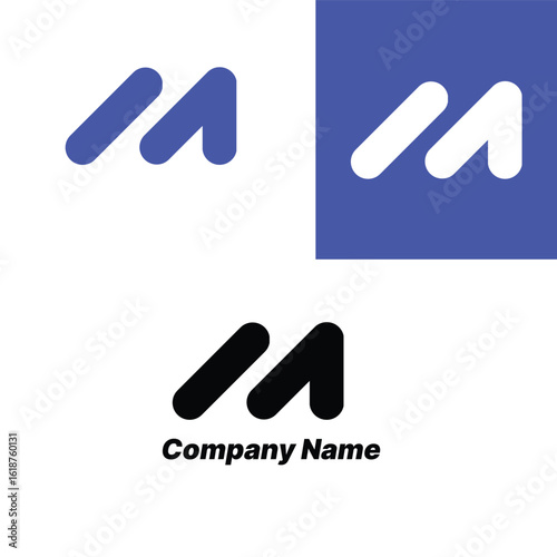 This image showcases a logo presented in three variations, demonstrating its versatility. The core design consists of two connected, upward-sloping, rounded shapes that vaguely resemble a stylized "M"