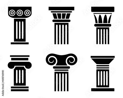 Collection of ancient architectural column symbols and glyphs for design projects featuring classic greek and roman styles