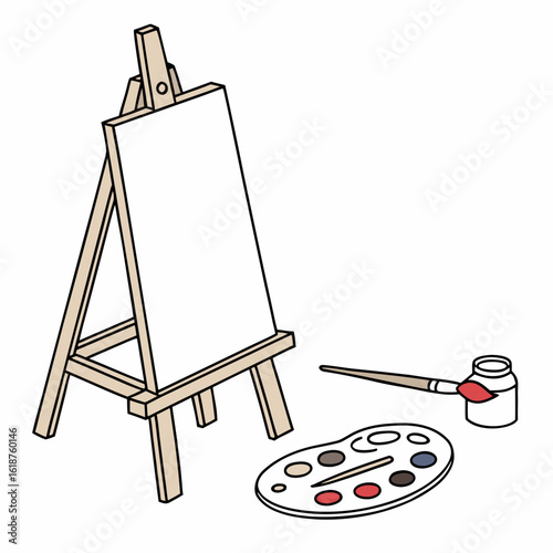 Artist s easel with blank canvas paint palette brush and ink bottle on white background
