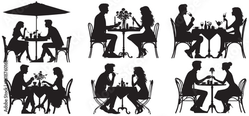 Couple having dinner at a restaurant silhouette set isolated white background vector. Black silhouette. Man and woman on date in restaurant. 
