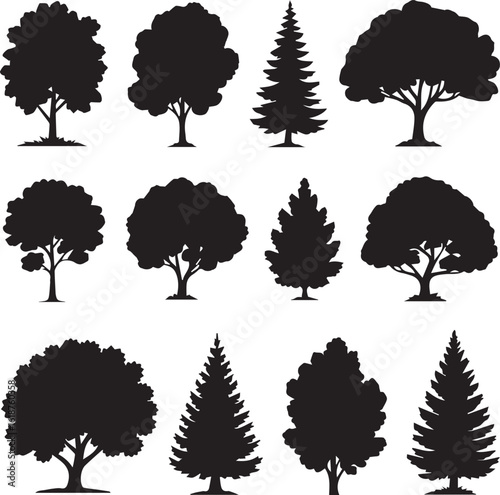 A diverse collection of twelve black tree silhouettes featuring various deciduous and coniferous shapes in a graphic vector style