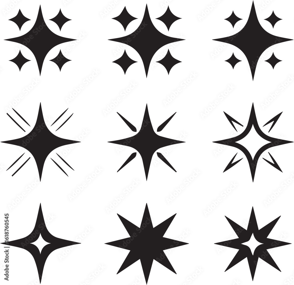 Obraz premium Set of nine black sparkle icons Star and glitter symbols for clean magic and shine effects Minimalist graphic elements collection