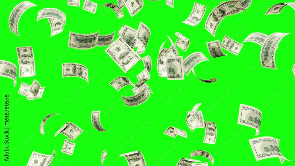 3d money rain green screen, Money explosion overlay isolated green screen chroma key and luma matte. Banknotes money flying down animation. dollars bills falling partical Video 4k.