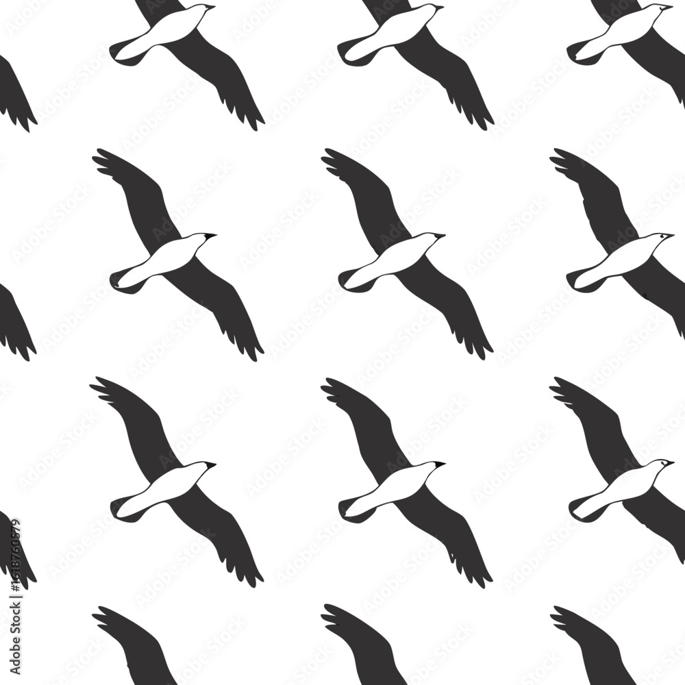 Fototapeta premium Seamless pattern of silhouette seagulls in flight against a white background