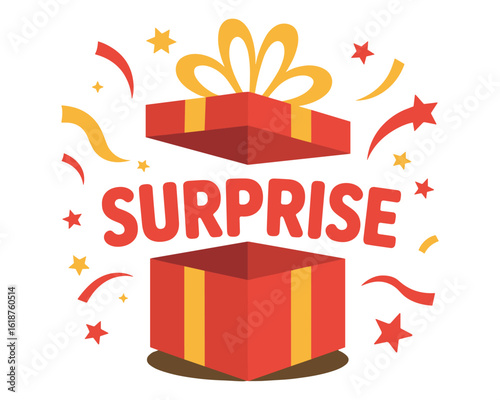 gift box with yellow ribbon and surprise text illustration on white background