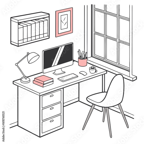 Cozy home office desk setup with computer lamp books and chair by the window