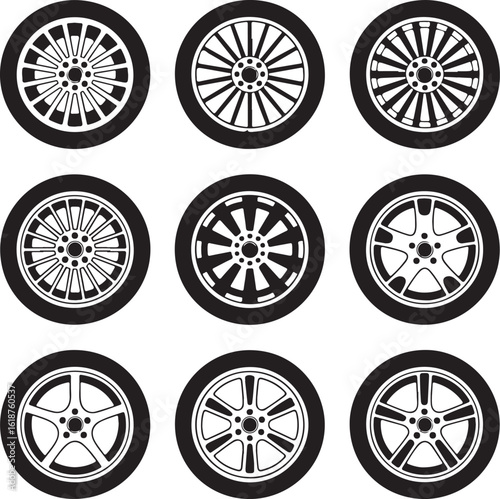 Collection of nine black and white vector car wheels with various modern alloy rim designs