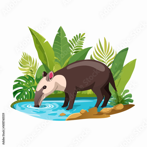 Gentle tapir drinks from vibrant jungle stream surrounded by lush tropical foliage