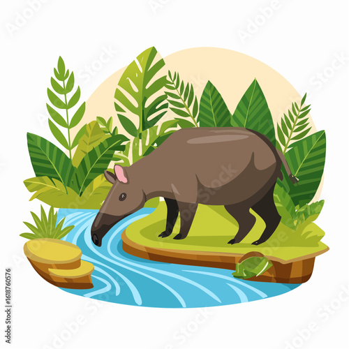 Charming tapir drinks from a clear river amidst lush tropical foliage, a peaceful jungle scene