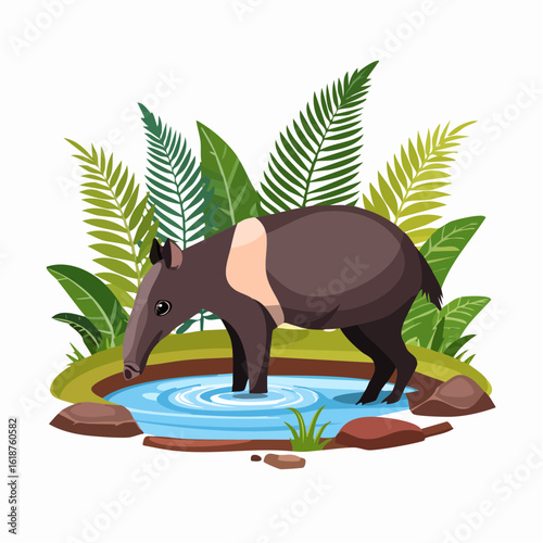 Gentle tapir sips cool water amidst lush tropical foliage and rocks in a vibrant jungle scene.