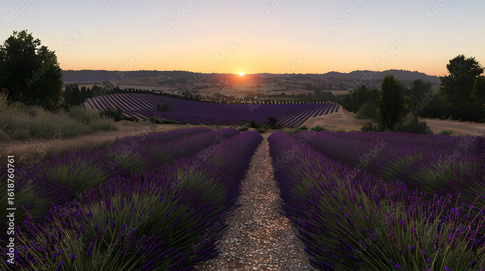 Fototapeta premium Lavender Field Sunset Panorama View