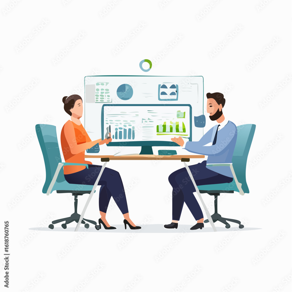 Fototapeta premium Dynamic business meeting with colleagues analyzing data charts on large screen for strategic planning