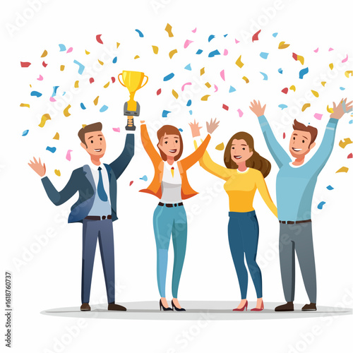 Excited team celebrates winning trophy with colorful confetti showering down, pure triumph!