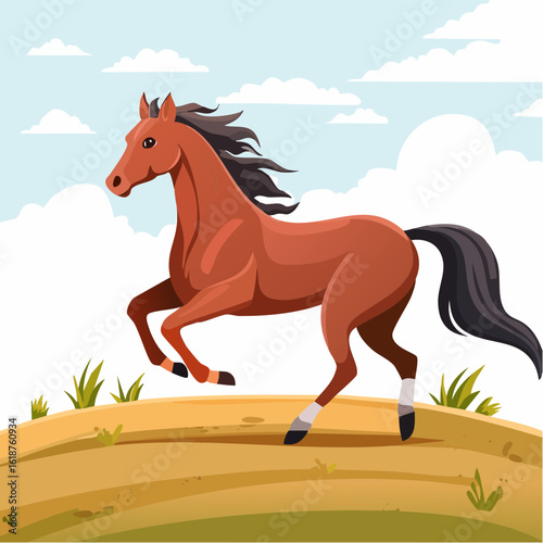 Majestic brown horse gallops freely across grassy meadow under a bright blue sky