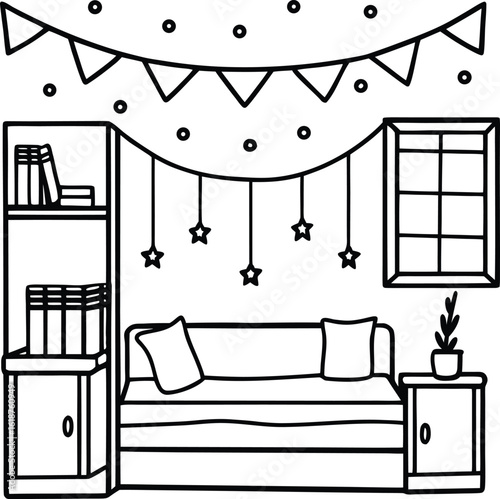 dorm room with fairy lights and poster wall