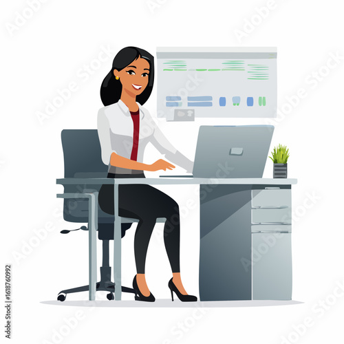 Confident businesswoman working diligently on laptop at modern office desk, achieving professional success.