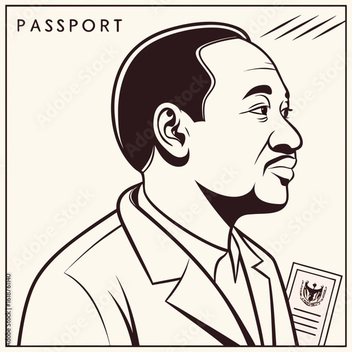 Man in suit holding passport with national emblem and text passport