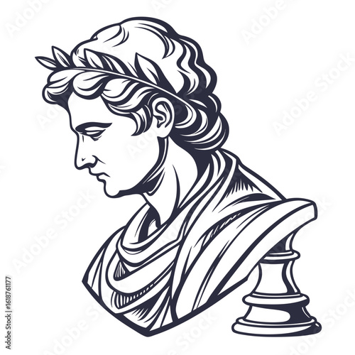 Stylized line art drawing of a classical roman or greek bust wearing a laurel wreath