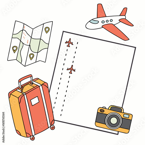 Travel and vacation planning with airplane map suitcase and camera icons