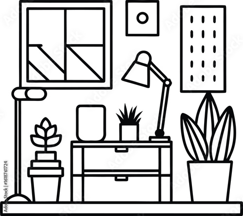dorm with desk lamp posters and potted plant