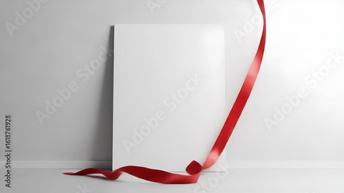 White blank paper with red ribbon against a white wall emphasizing presentation design and minimalist aesthetic