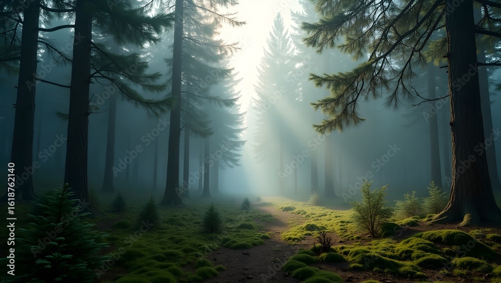 Fototapeta premium Forest pine landscape tall evergreen trees sunlight fog moss pinecones cinematic background