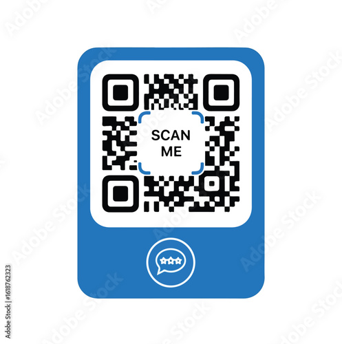 Vector graphic of a blue sticker with a 'Scan Me' QR Code for customer feedback, online reviews, and quick access to digital information.