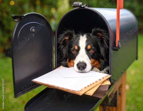 Dog in a mailbox with mail