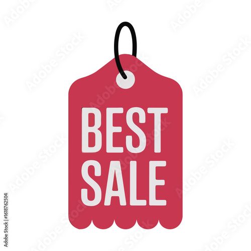 A short, clean, vector-style icon of a sale tag The tag has a scalloped edge and a hole at the top with a simple loop. Inside the tag, the words "BEST SALE" are in bold