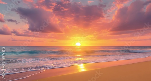 Sunset Beach Landscape Colorful Ocean Horizon with Calm Waves and Sandy Shoreline