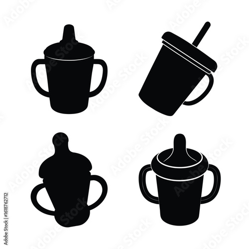 Baby Sippy Cup Icon Set – Black Silhouette Vector Collection of Toddler Training Cups Isolated on White Background