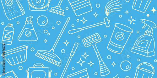 Cleaning service vector background. White line art illustration of housekeeping tools and supplies on a blue background for banners, posters, and print design.