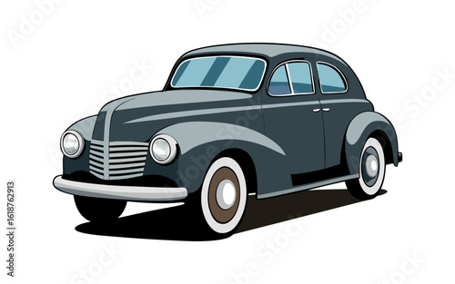 Classic 1940s Sedan Vector Illustration, Vintage Car Design, Retro Automobile Artwork, Three-Quarter View, Old-Timer Car Clipart, Mid-Century Classic Vehicle Graphic