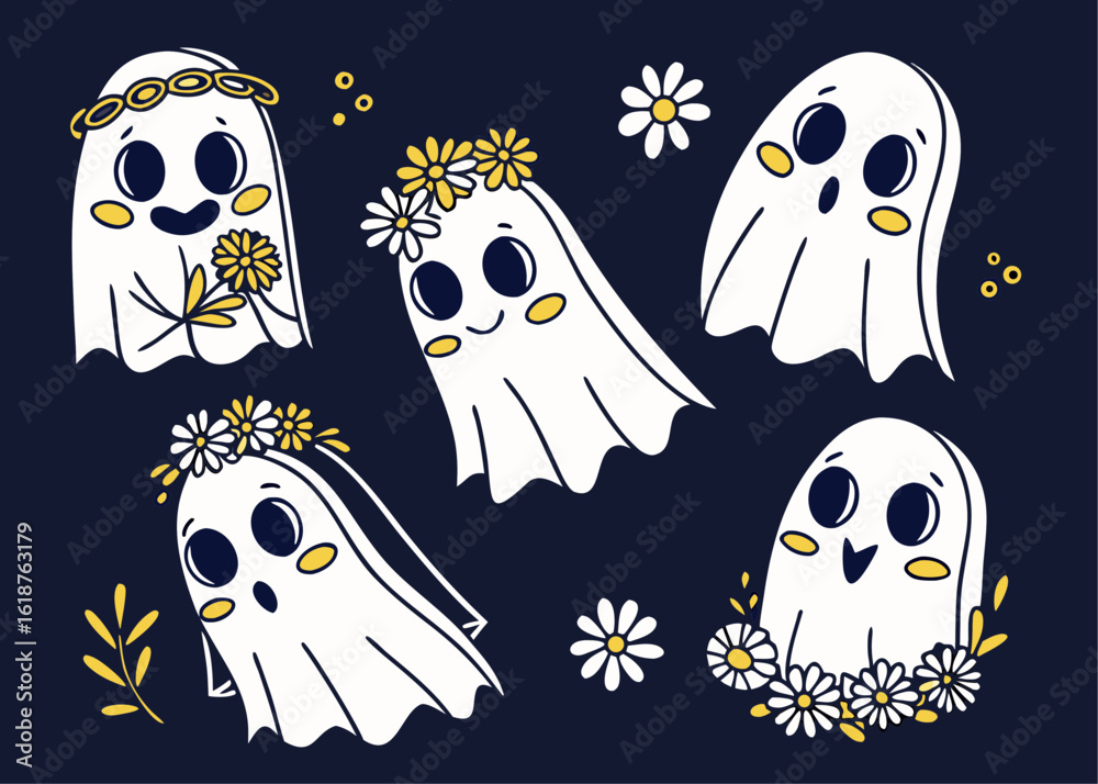 Obraz premium Cute Ghosts with Floral Decorations – Hand-Drawn Cartoon Halloween Characters