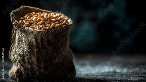 Golden Wheat Grains In Rustic Burlap Bag