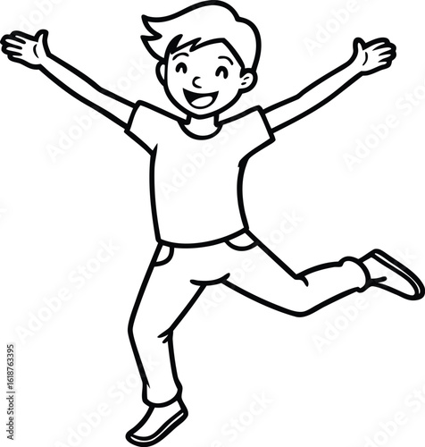boy jumping softly smiling minimal outline style