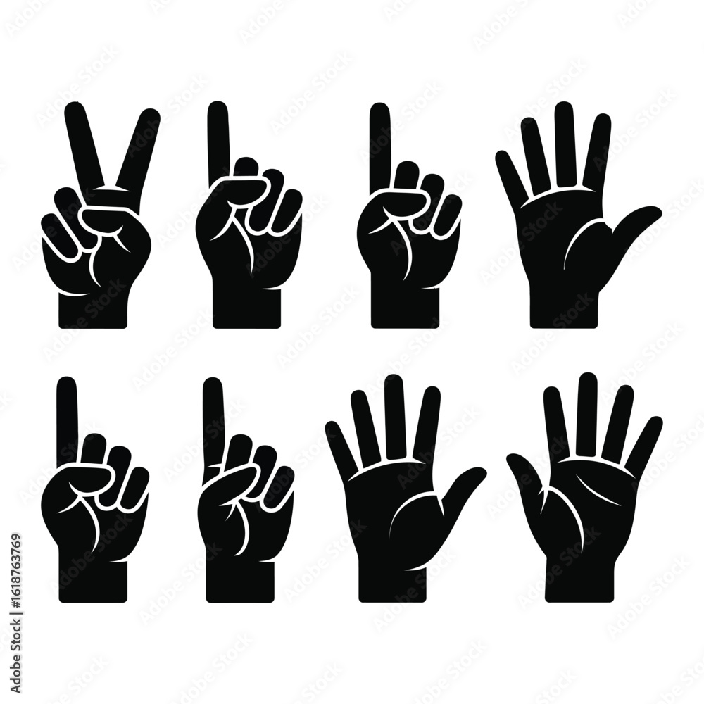 Fototapeta premium A set of 8 hand gesture silhouettes in black fill peace sign, fist, open palm, etc., no text, white background.