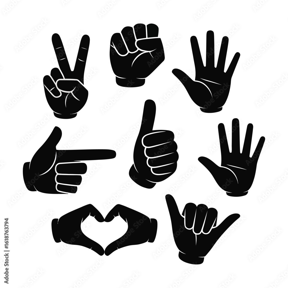 Obraz premium A set of 8 hand gesture silhouettes in black fill peace sign, fist, open palm, etc., no text, white background.