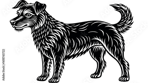 Black and white illustration of a scruffy dog standing animal