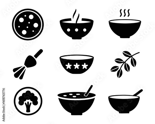 Simple flat art design of a steaming bowl of soup presented in a clean isolated black and white graphic with subtle color accents for a modern culinary theme