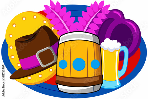 Vibrant Cartoon Oktoberfest Feast: Beer Stein, Bratwurst & Pretzel with Bavarian Hat on White Dot Background