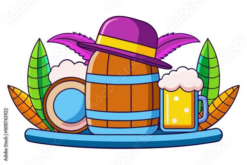Vibrant Cartoon Oktoberfest Feast: Beer Stein, Bratwurst & Pretzel with Bavarian Hat on White Dot Background