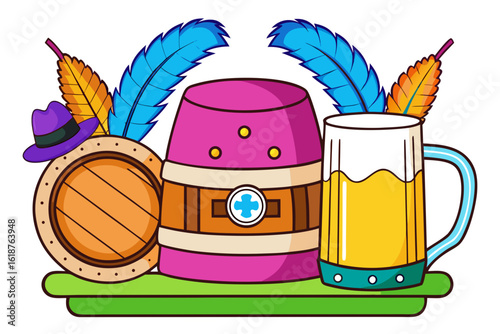 Vibrant Cartoon Oktoberfest Feast: Beer Stein, Bratwurst & Pretzel with Bavarian Hat on White Dot Background