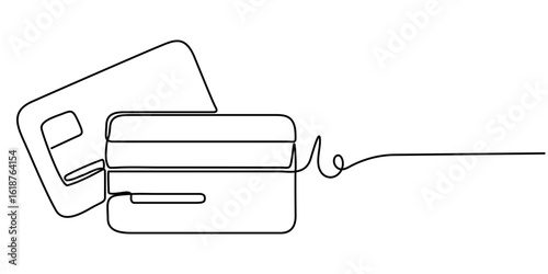 Credit card icon continuous one line drawing, Bank card with a chip credit card one line art. Continuous line drawing of bank finance financial payment data savings economic wealth credit. 