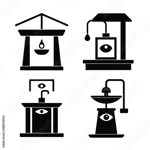 Emergency Eye Wash Station Icon Set – Black Silhouette Vector Collection of Safety Equipment Isolated on White Background