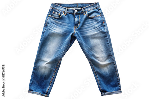 Classic blue denim jeans with a faded wash and distressed details presented isolated on a transparent background isolated on transparent background